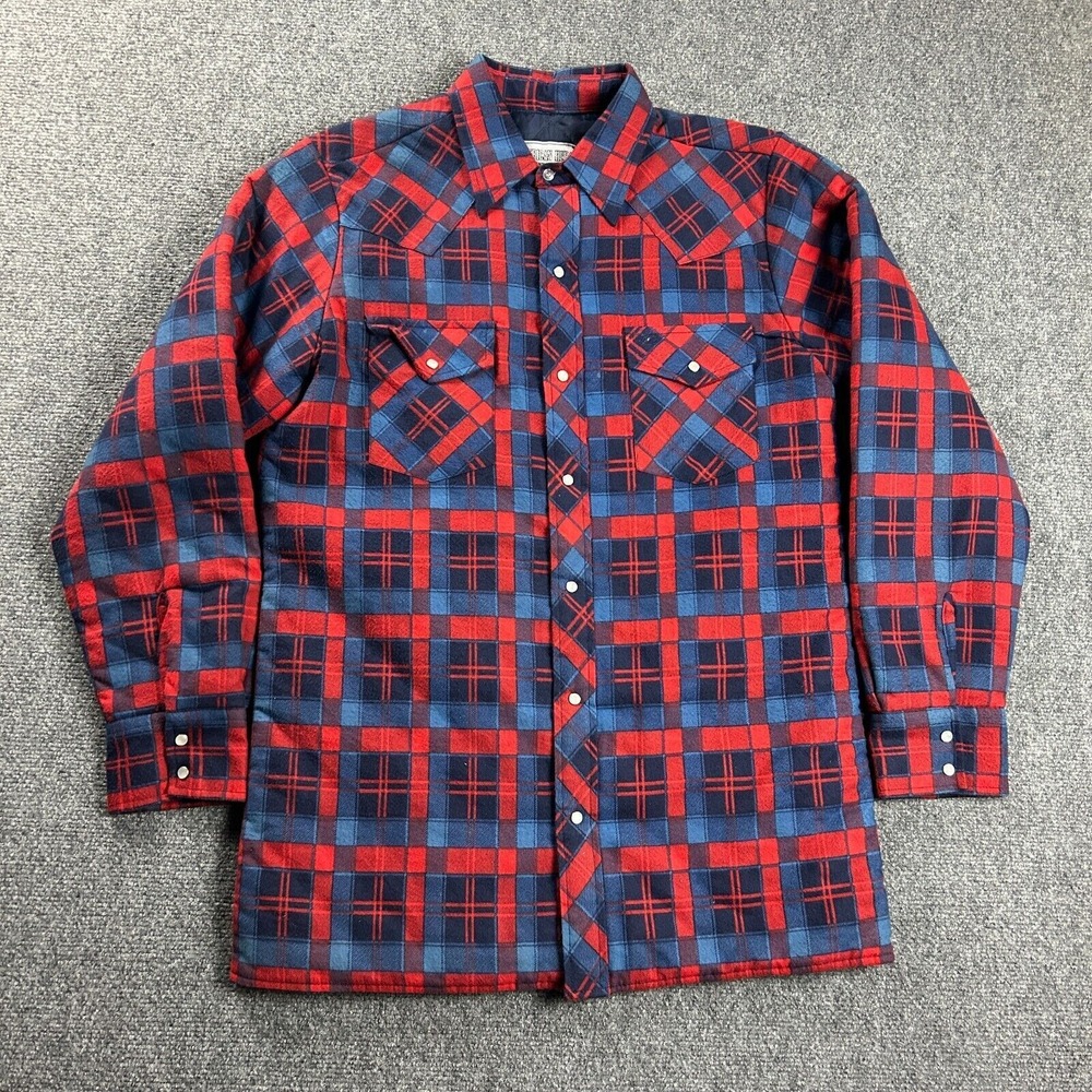 American Hero Jacket Mens Medium Plaid Flannel Shacket Pearl Snap Double Pockets